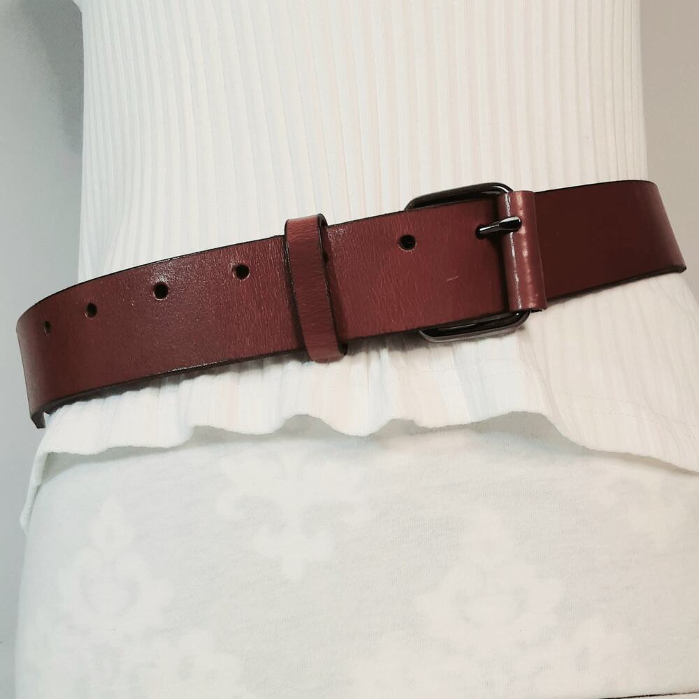 💎Heavy Leather Belt 34 Waist Off Center Pin And Punch Holes Caramel Brown